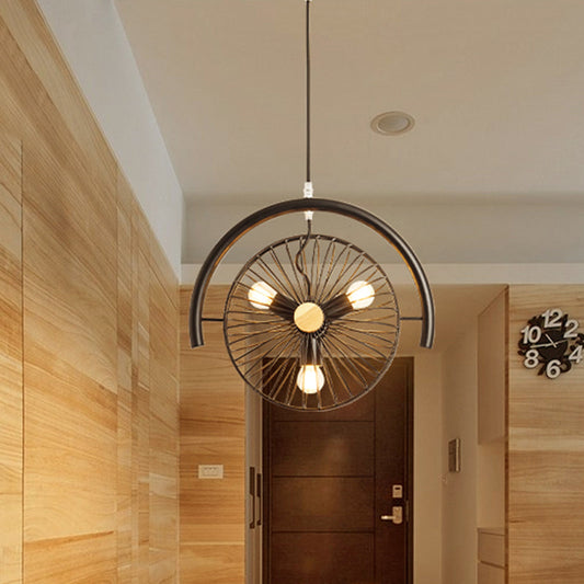 Industrial Black Metal Pendant Chandelier with 3 Caged Lights for Dining Room