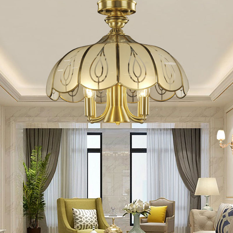 Satin Opal Glass Semi Flush Mount Lamp In Brass - Colonial Scalloped Hanging Lighting- 5 Bulbs-