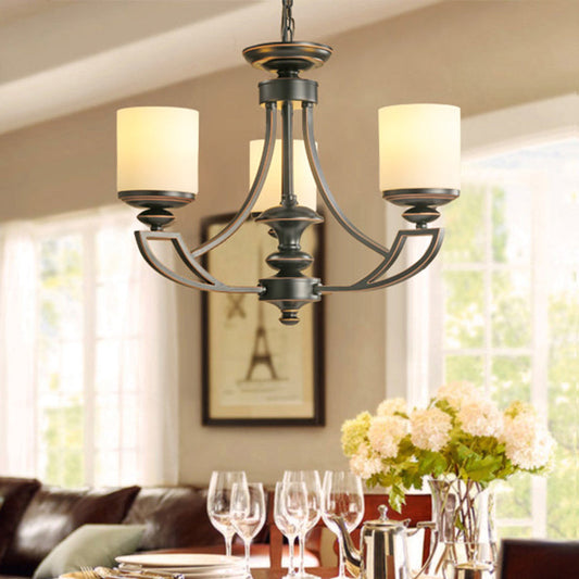 Traditional Starburst Pendant Chandelier - Black Metal Ceiling Lamp with Frosted Glass Shade - Perfect for Living Room - 3/6 Lights