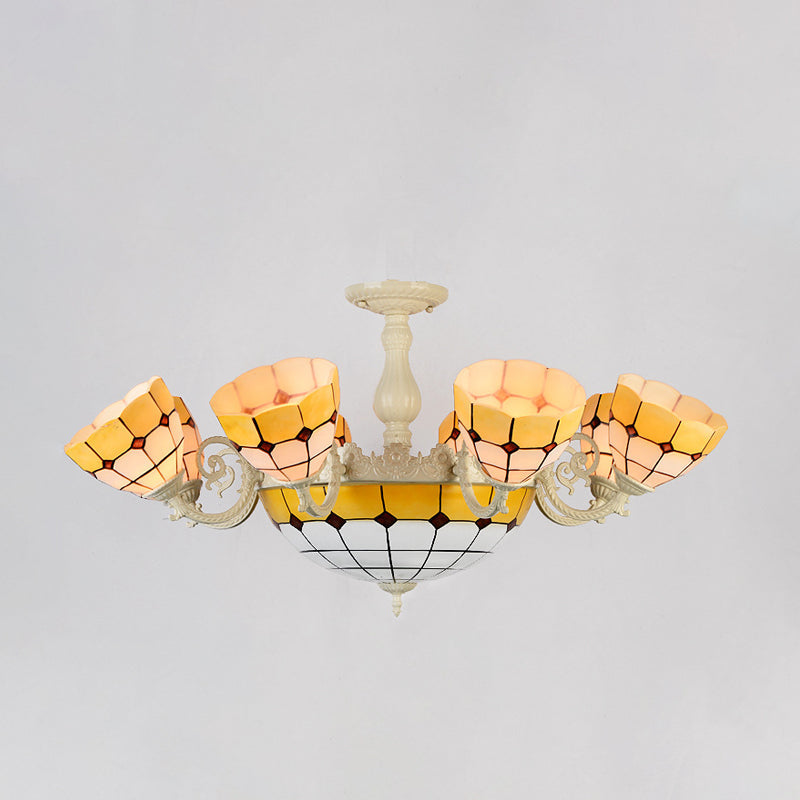 Tiffany Gold/White Stained Glass Semi Flush Mount Ceiling Light - Grid Pattern, 11 Heads