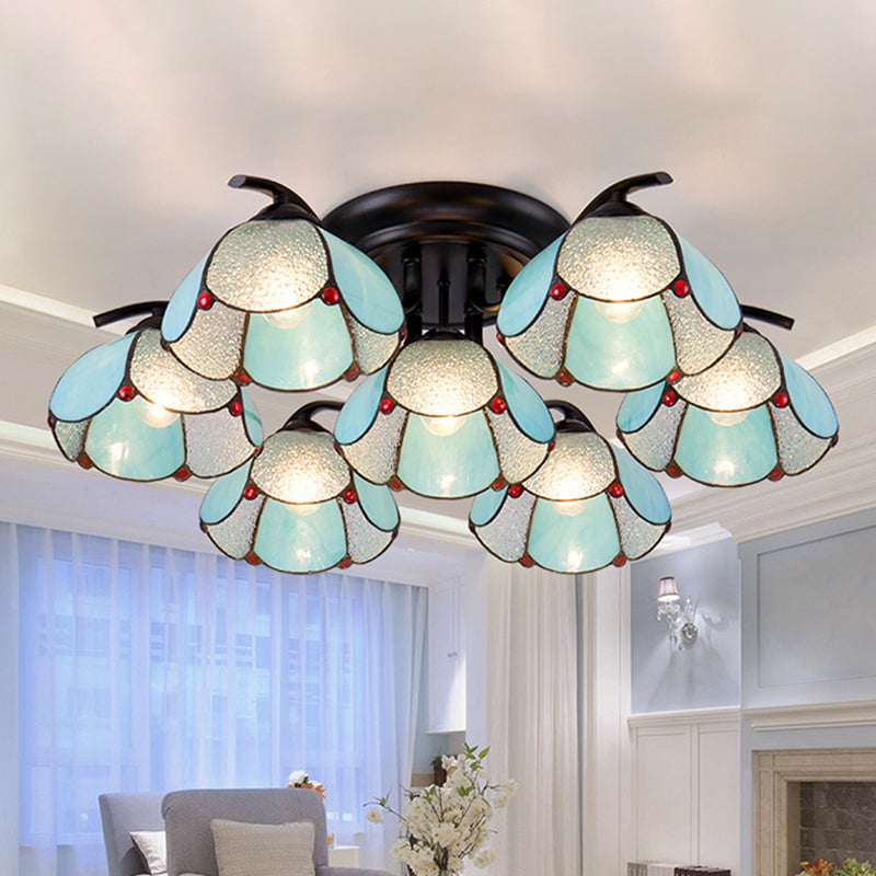 Tiffany Stained Glass Ceiling Light - Scalloped Design, 3/7/8 Heads, Blue Semi Flush Mount