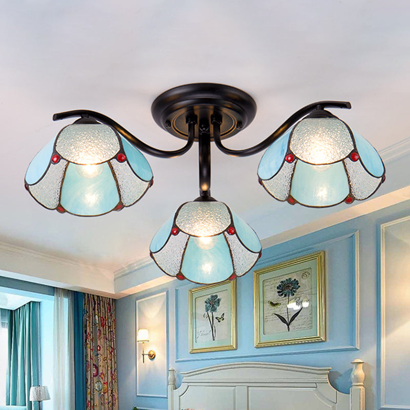 Tiffany Stained Glass Ceiling Light - Scalloped Design, 3/7/8 Heads, Blue Semi Flush Mount