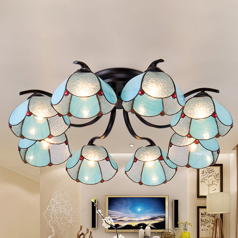 Tiffany Stained Glass Ceiling Light - Scalloped Design, 3/7/8 Heads, Blue Semi Flush Mount