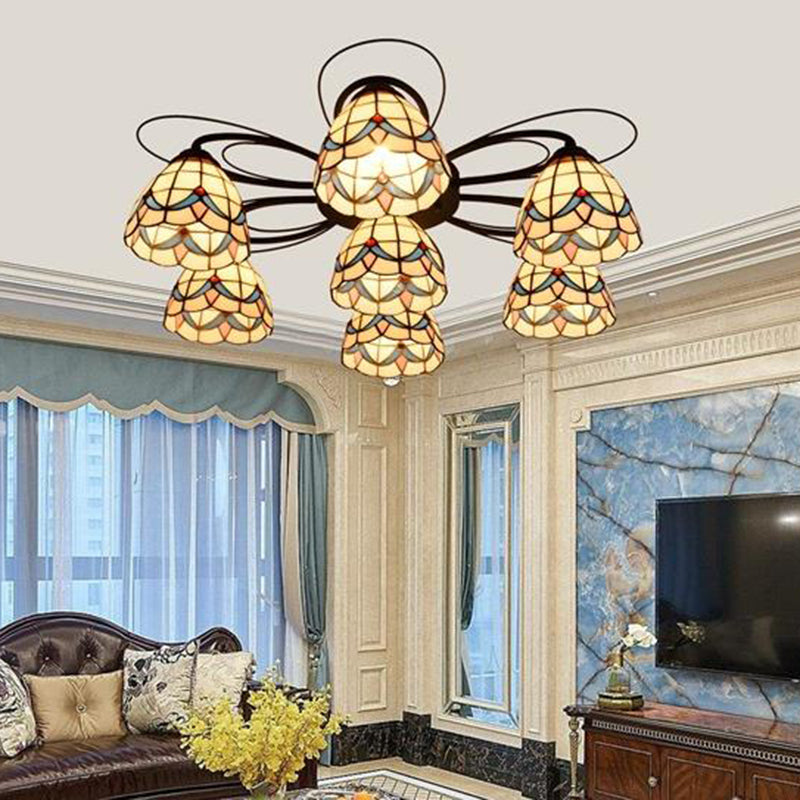 Tiffany Stained Glass Ceiling Mounted Light Bowl - Yellow, 3/7/9 Heads, Semi-Flush Fixture