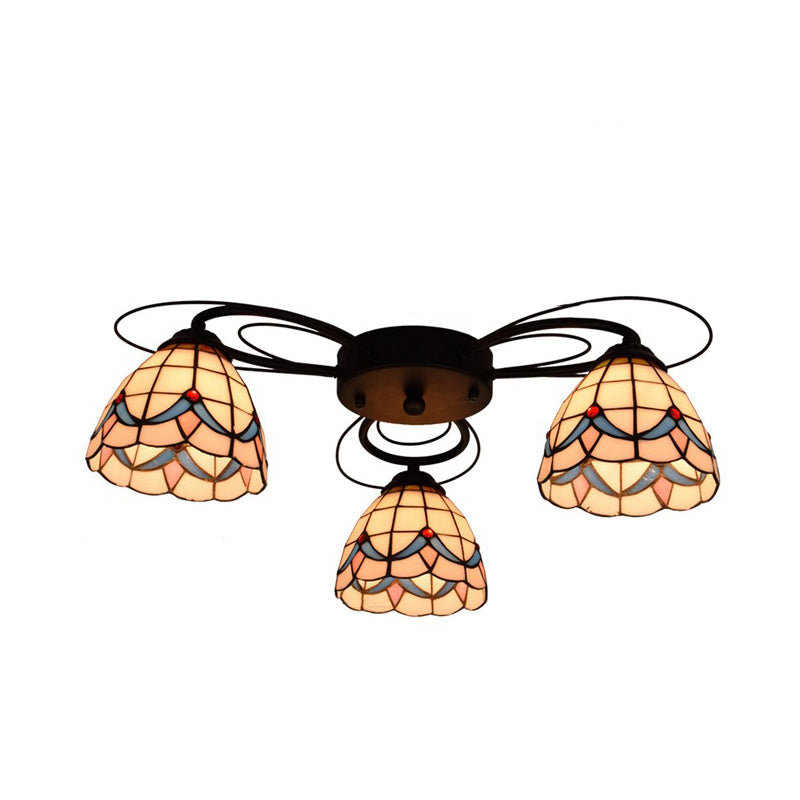 Tiffany Stained Glass Ceiling Mounted Light Bowl - Yellow, 3/7/9 Heads, Semi-Flush Fixture