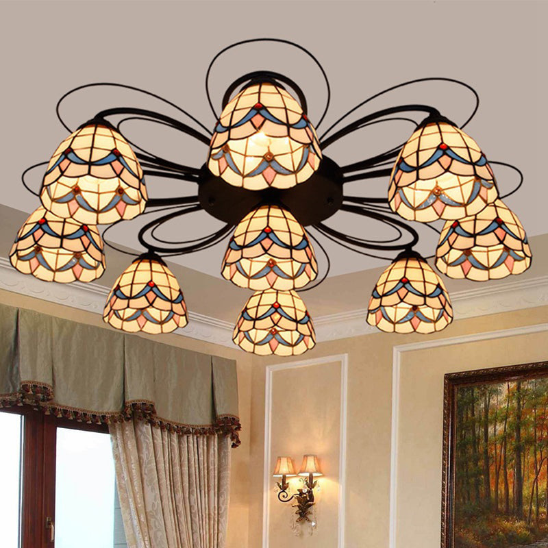 Tiffany Stained Glass Ceiling Mounted Light Bowl - Yellow, 3/7/9 Heads, Semi-Flush Fixture