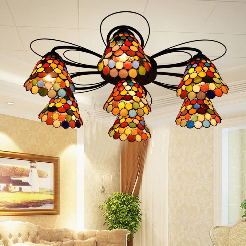 Plafonnier en vitrail Tiffany avec montage semi-encastré en forme de cloche multicolore - 3/7/9 têtes