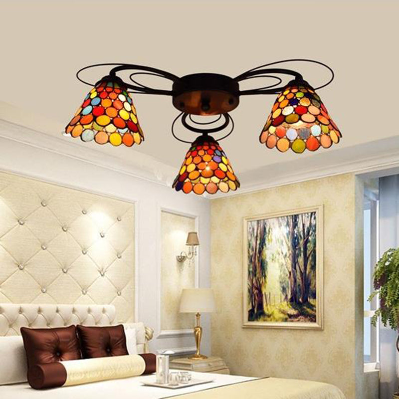 Plafonnier en vitrail Tiffany avec montage semi-encastré en forme de cloche multicolore - 3/7/9 têtes