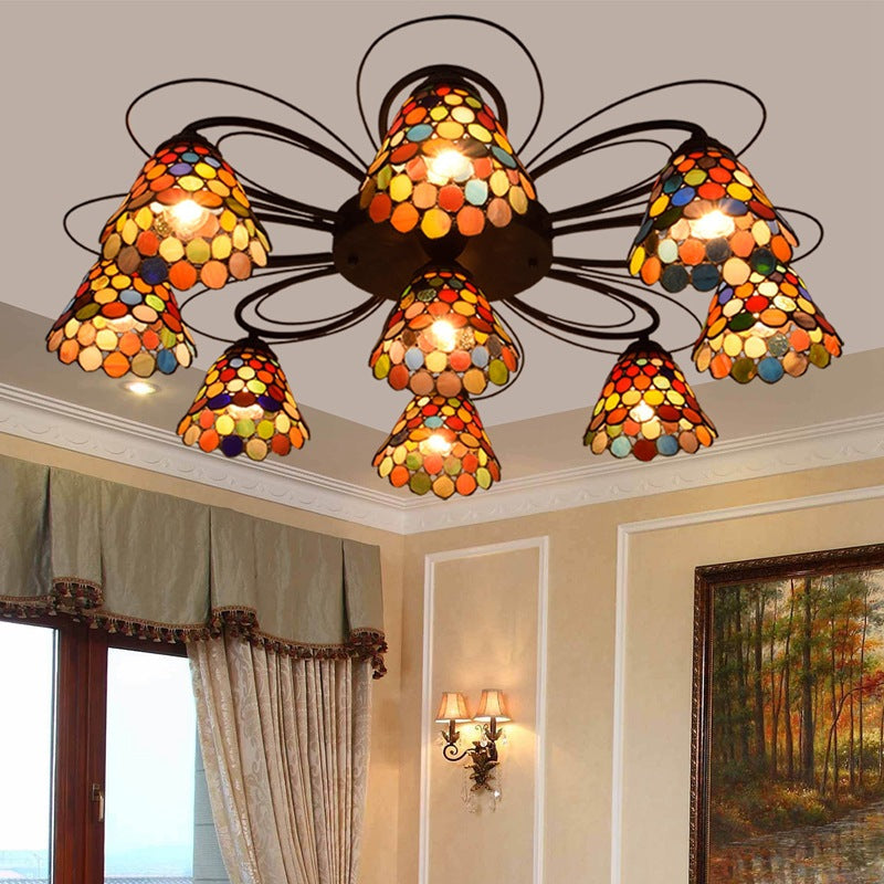 Plafonnier en vitrail Tiffany avec montage semi-encastré en forme de cloche multicolore - 3/7/9 têtes