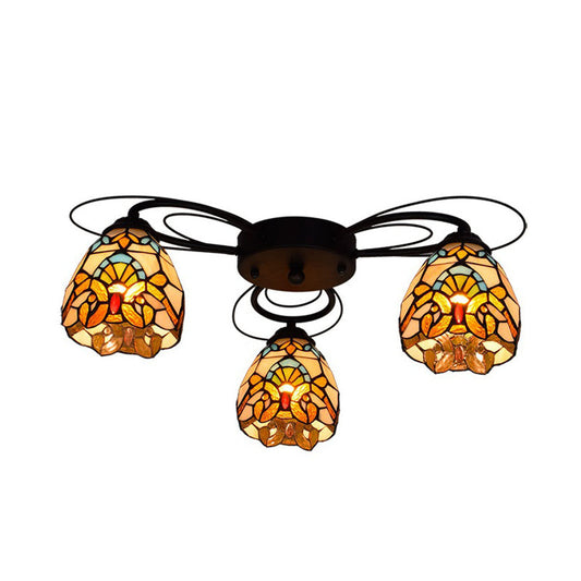 Tiffany Art Glass Bowl Ceiling Light Fixture 3/7/9 Heads Semi Flush Mount - Yellow/Green Stained