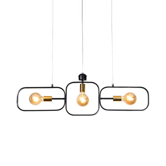 Contemporary 3-Head Frame Pendant Chandelier: Black & Gold Suspended Lighting Fixture