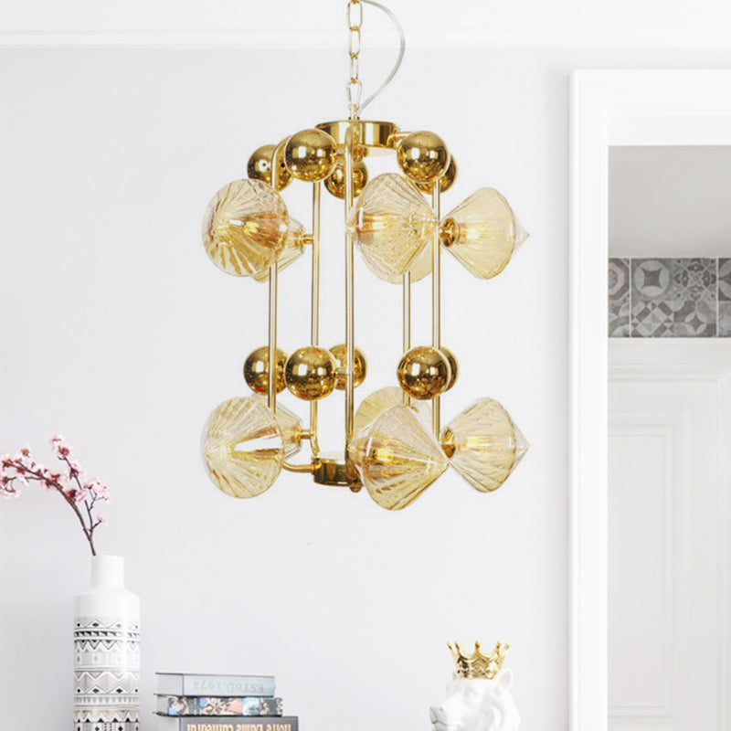 Contemporary Amber Glass Tapered Chandelier - 10 Heads - Living Room Pendant Light