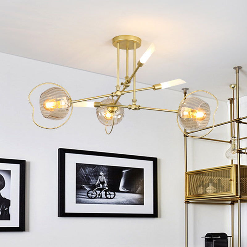 Lustre contemporain à 6/8 têtes avec suspension au plafond en forme de bol doré et abat-jour en verre ambré