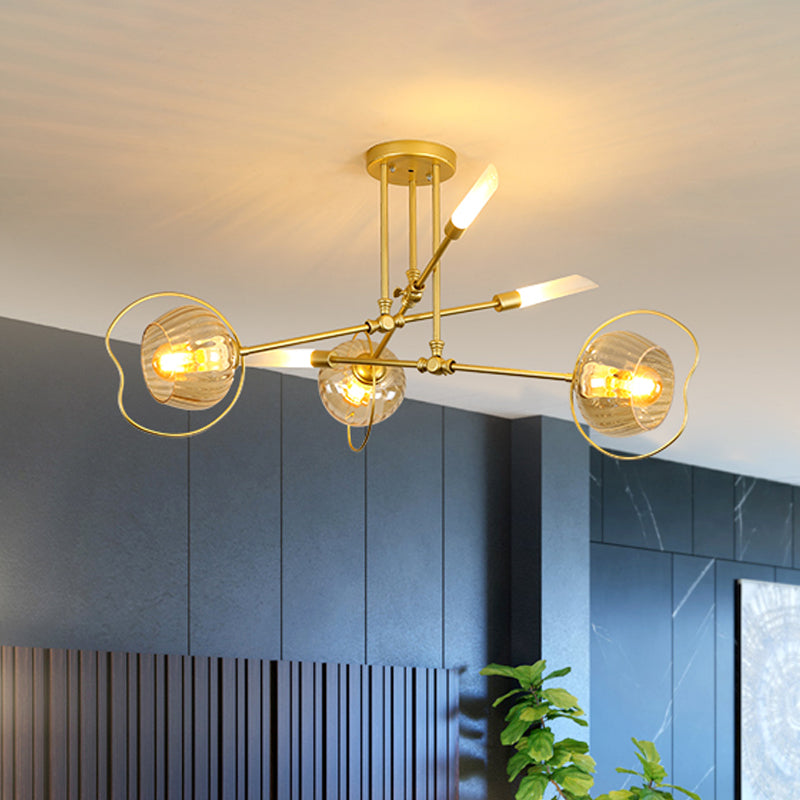 Lustre contemporain à 6/8 têtes avec suspension au plafond en forme de bol doré et abat-jour en verre ambré
