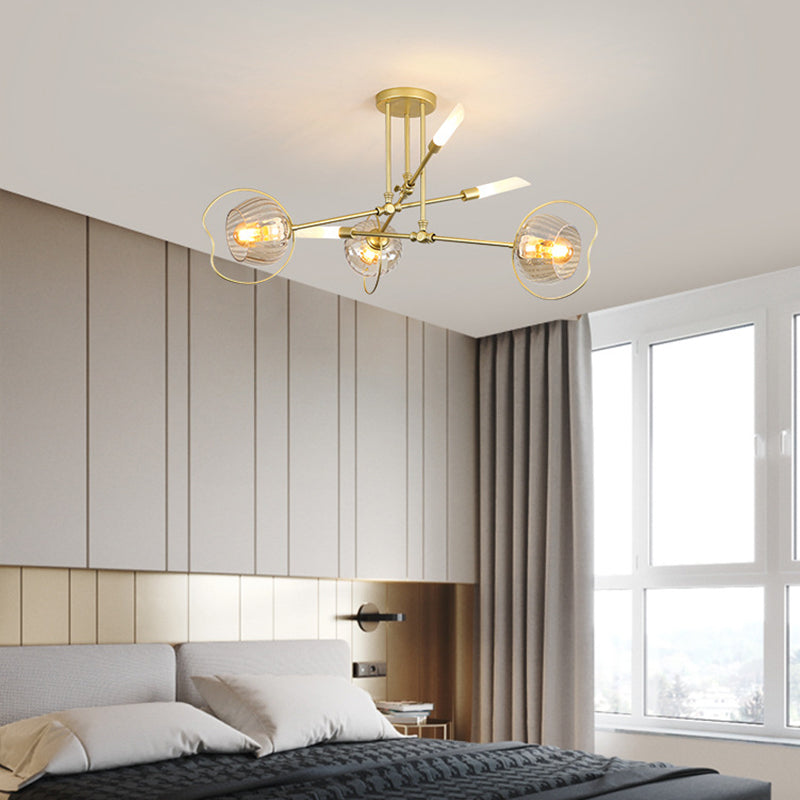 Lustre contemporain à 6/8 têtes avec suspension au plafond en forme de bol doré et abat-jour en verre ambré