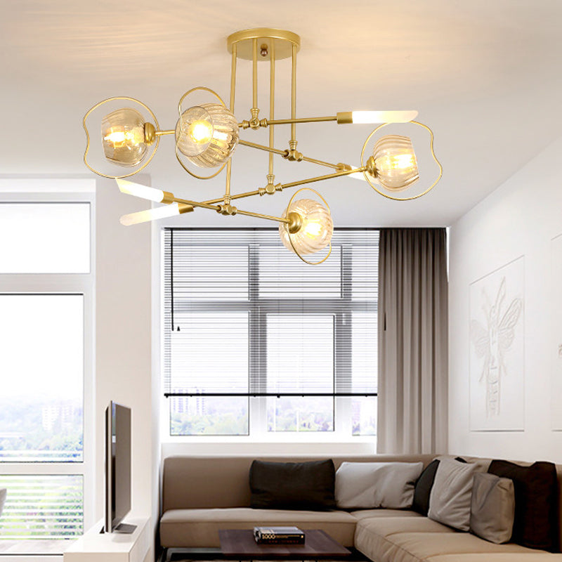 Lustre contemporain à 6/8 têtes avec suspension au plafond en forme de bol doré et abat-jour en verre ambré