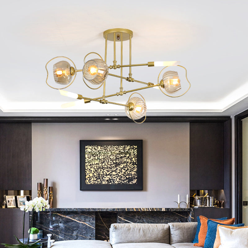 Lustre contemporain à 6/8 têtes avec suspension au plafond en forme de bol doré et abat-jour en verre ambré