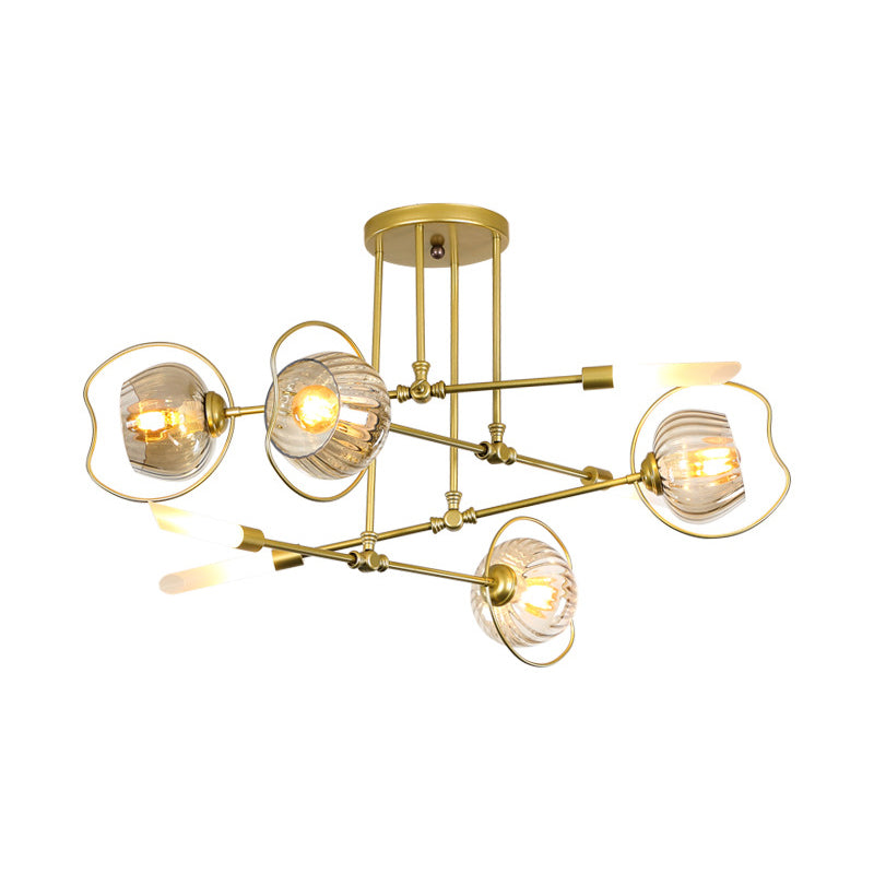 Lustre contemporain à 6/8 têtes avec suspension au plafond en forme de bol doré et abat-jour en verre ambré
