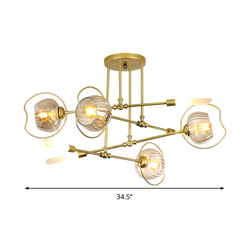 Lustre contemporain à 6/8 têtes avec suspension au plafond en forme de bol doré et abat-jour en verre ambré