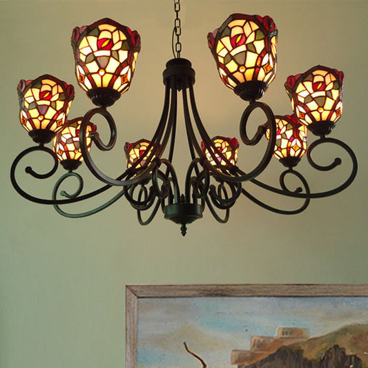 Lustre en verre taillé de style victorien en forme d'arche - Lampe suspendue rouge/jaune/rouge foncé à 8 lumières pour le salon