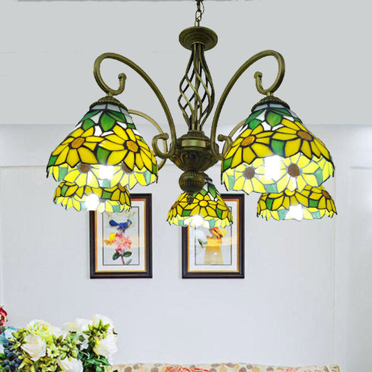 Lustre à bras en verre méditerranéen - Découpe à la main, design en volutes - Suspension rouge/jaune/bleue à 5 lumières
