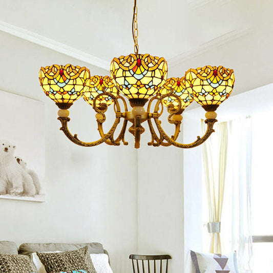 Lustre en forme de dôme en vitrail méditerranéen avec 5 pendentifs orange et bleus pour l'éclairage du salon