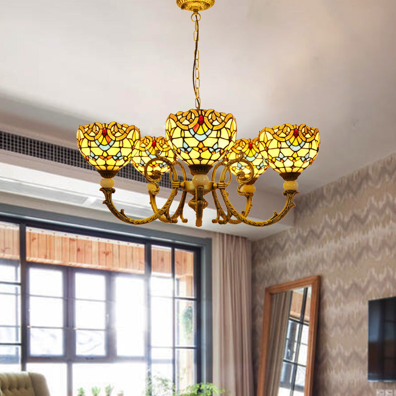 Lustre en forme de dôme en vitrail méditerranéen avec 5 pendentifs orange et bleus pour l'éclairage du salon