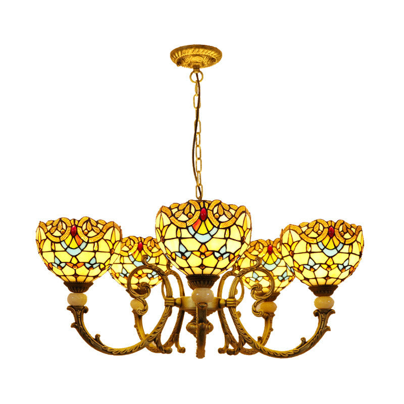 Lustre en forme de dôme en vitrail méditerranéen avec 5 pendentifs orange et bleus pour l'éclairage du salon