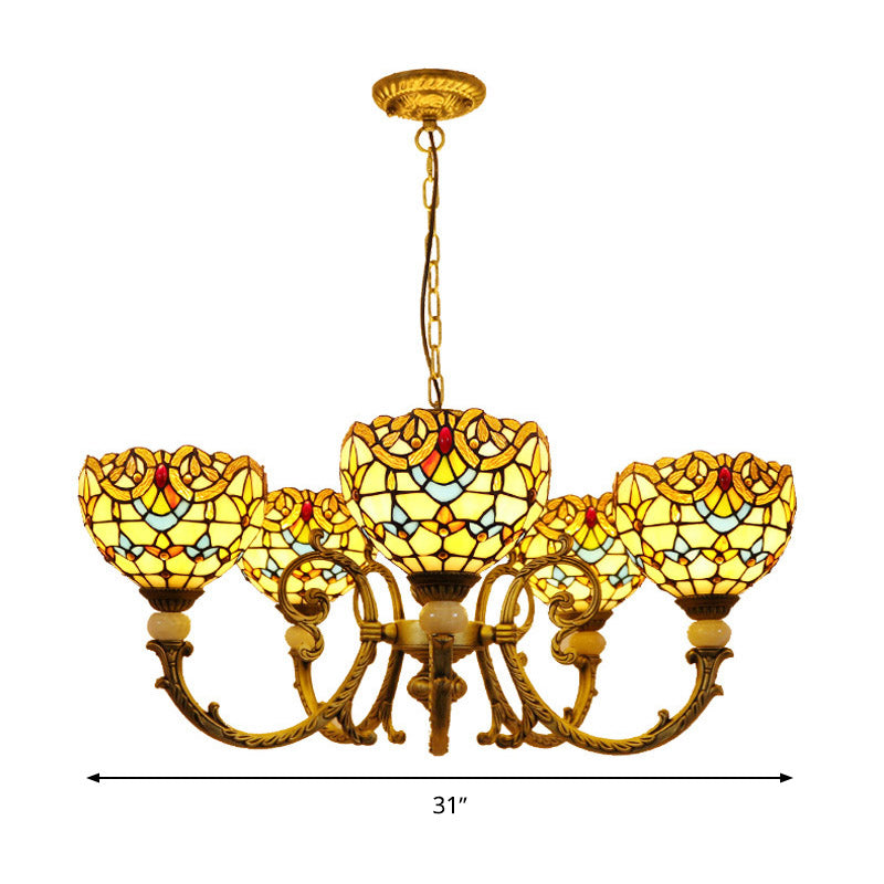 Lustre en forme de dôme en vitrail méditerranéen avec 5 pendentifs orange et bleus pour l'éclairage du salon