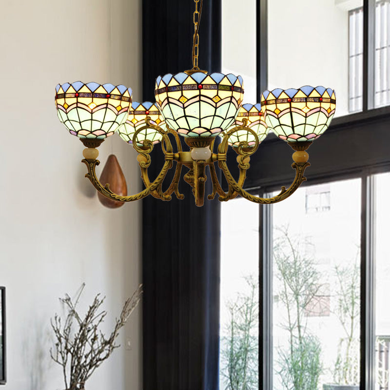 Lustre en forme de dôme en vitrail méditerranéen avec 5 pendentifs orange et bleus pour l'éclairage du salon
