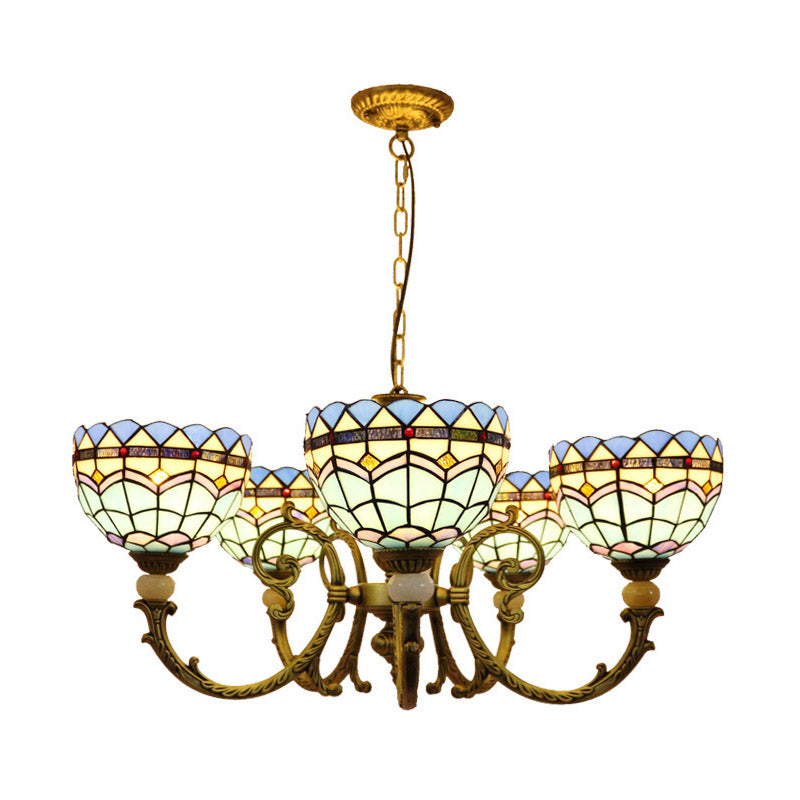 Lustre en forme de dôme en vitrail méditerranéen avec 5 pendentifs orange et bleus pour l'éclairage du salon
