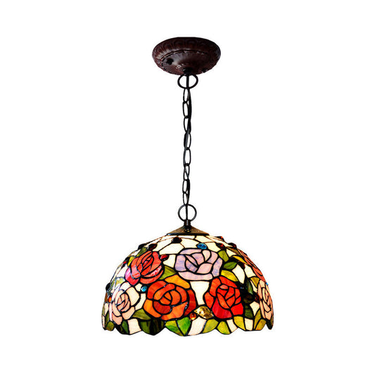 Lustre suspendu en forme de rose, lampe suspendue en verre teinté de style Tiffany - 1/2 lumières, rouge/vert, 12"/16" de large