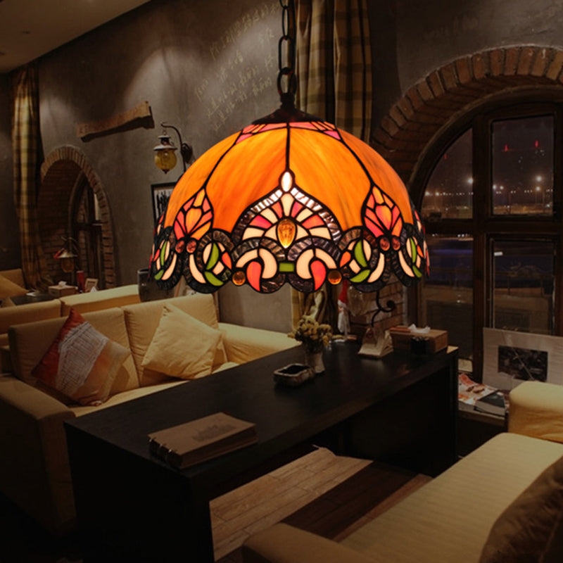Suspension de plafond en forme de dôme victorienne avec 1 lampe : kit de suspension élégant en verre taillé orange pour le salon