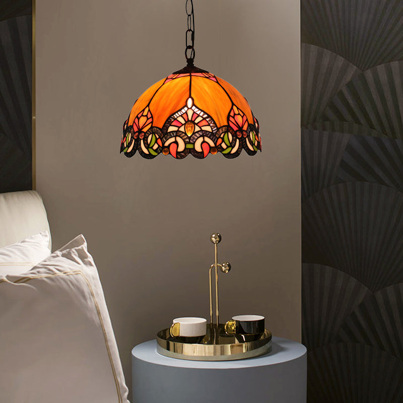 Suspension de plafond en forme de dôme victorienne avec 1 lampe : kit de suspension élégant en verre taillé orange pour le salon
