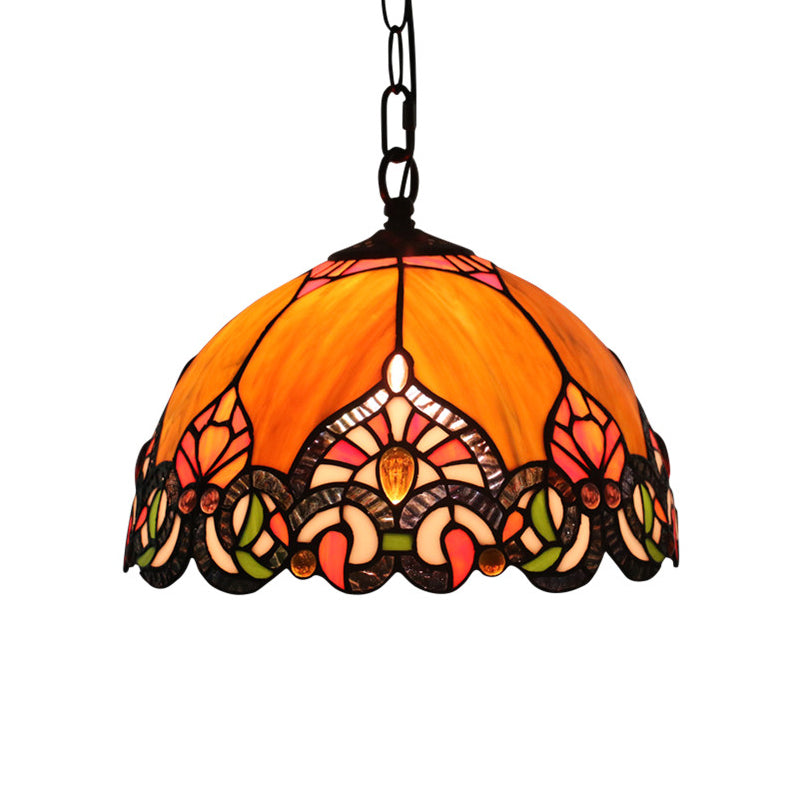 Suspension de plafond en forme de dôme victorienne avec 1 lampe : kit de suspension élégant en verre taillé orange pour le salon
