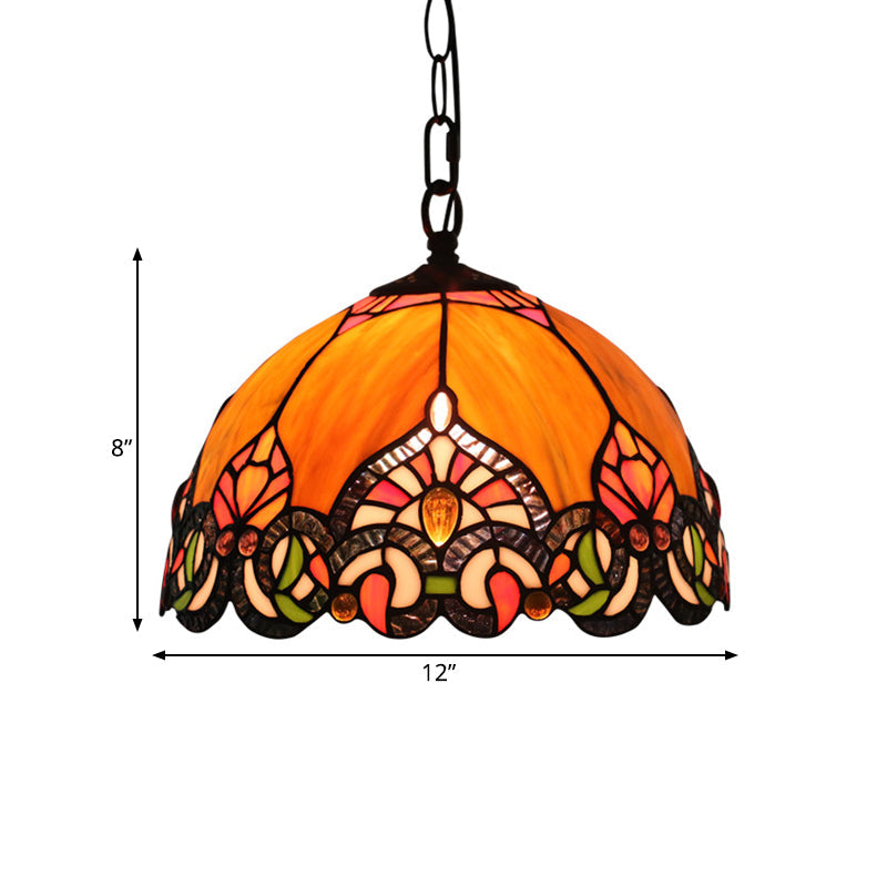Suspension de plafond en forme de dôme victorienne avec 1 lampe : kit de suspension élégant en verre taillé orange pour le salon