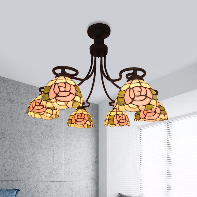 Plafonnier en verre taillé rose Tiffany avec 6 lumières et montage encastré en rosace pour chambre à coucher