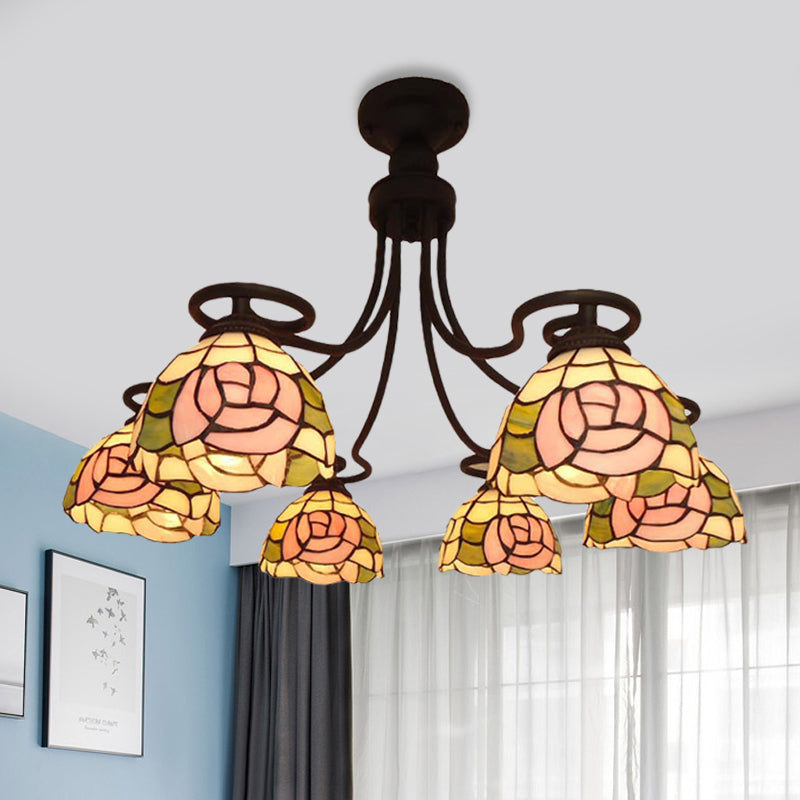 Plafonnier en verre taillé rose Tiffany avec 6 lumières et montage encastré en rosace pour chambre à coucher