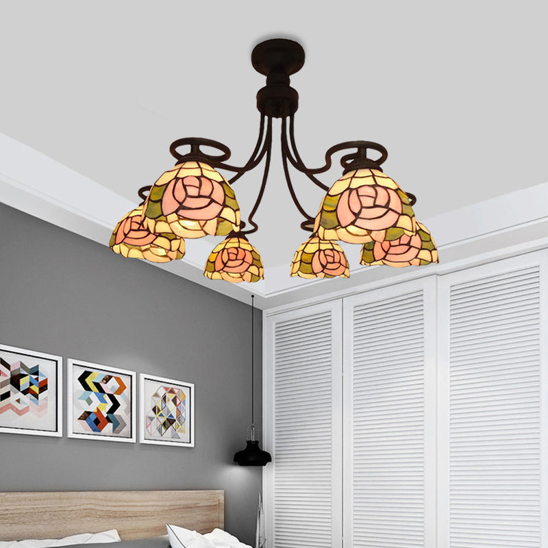 Plafonnier en verre taillé rose Tiffany avec 6 lumières et montage encastré en rosace pour chambre à coucher