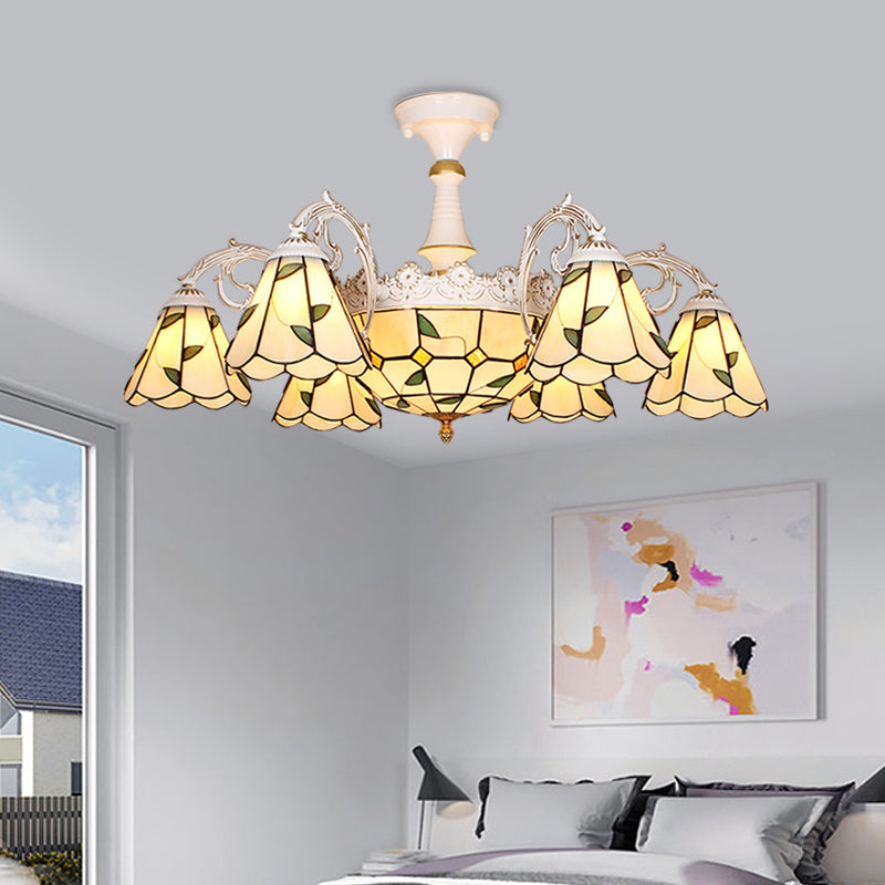 Plafonnier baroque en verre blanc/bleu/argenté à 9 lampes pour chambre à coucher