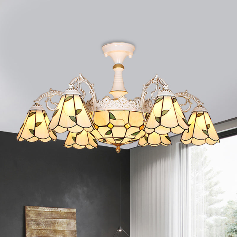 Plafonnier baroque en verre blanc/bleu/argenté à 9 lampes pour chambre à coucher