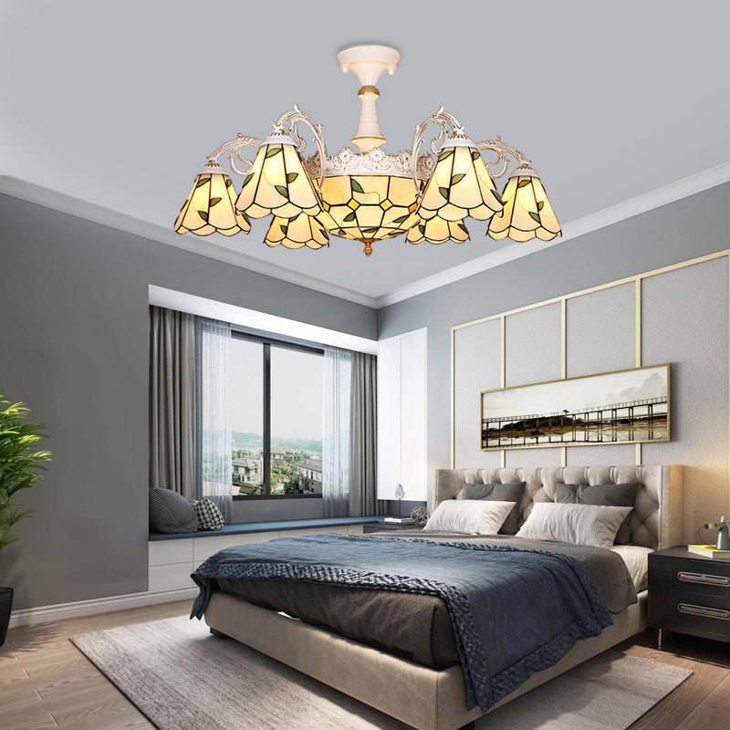Plafonnier baroque en verre blanc/bleu/argenté à 9 lampes pour chambre à coucher