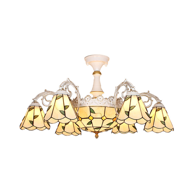Plafonnier baroque en verre blanc/bleu/argenté à 9 lampes pour chambre à coucher