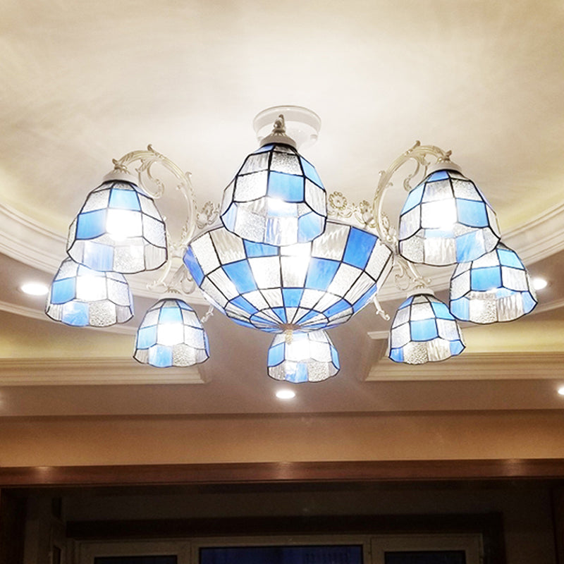 Plafonnier baroque en verre blanc/bleu/argenté à 9 lampes pour chambre à coucher