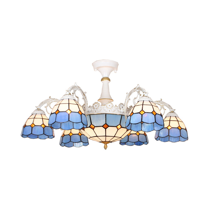 Plafonnier baroque en verre blanc/bleu/argenté à 9 lampes pour chambre à coucher