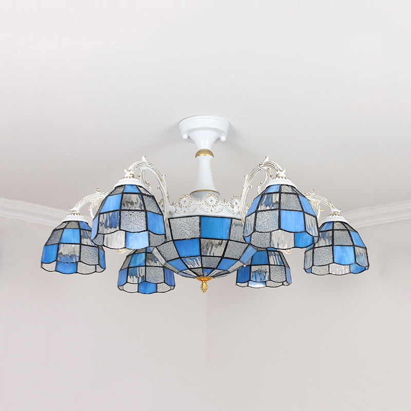 Plafonnier baroque en verre blanc/bleu/argenté à 9 lampes pour chambre à coucher