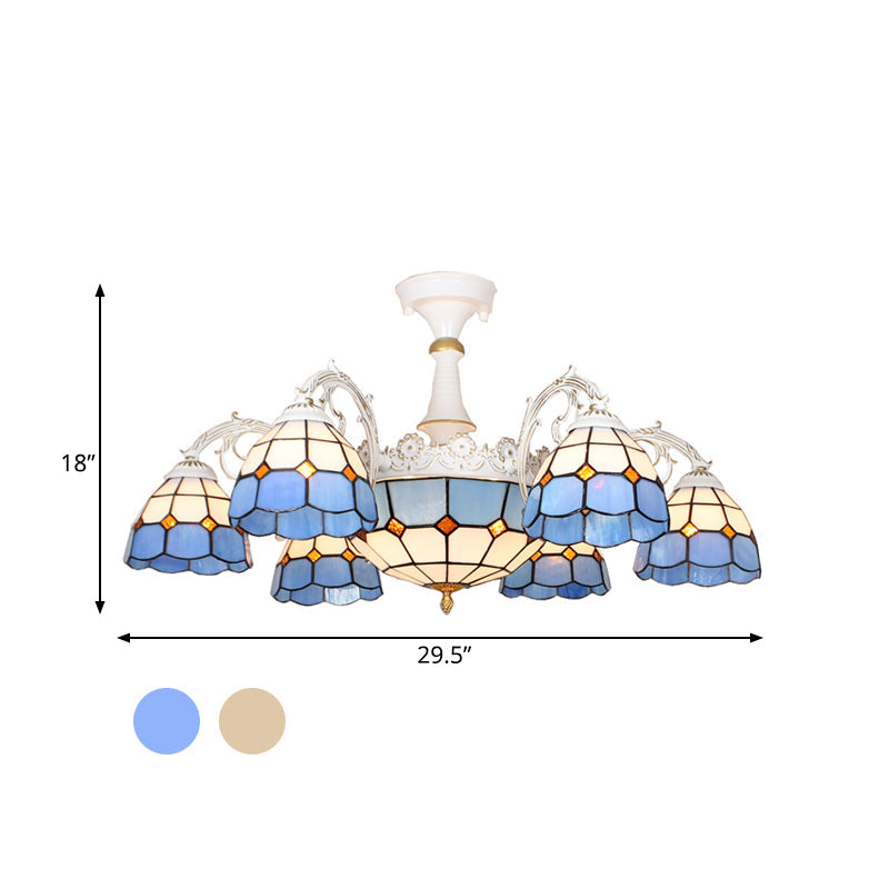 Plafonnier baroque en verre blanc/bleu/argenté à 9 lampes pour chambre à coucher