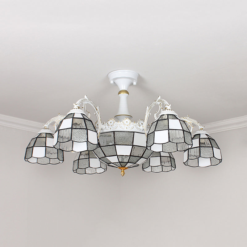 Plafonnier baroque en verre blanc/bleu/argenté à 9 lampes pour chambre à coucher