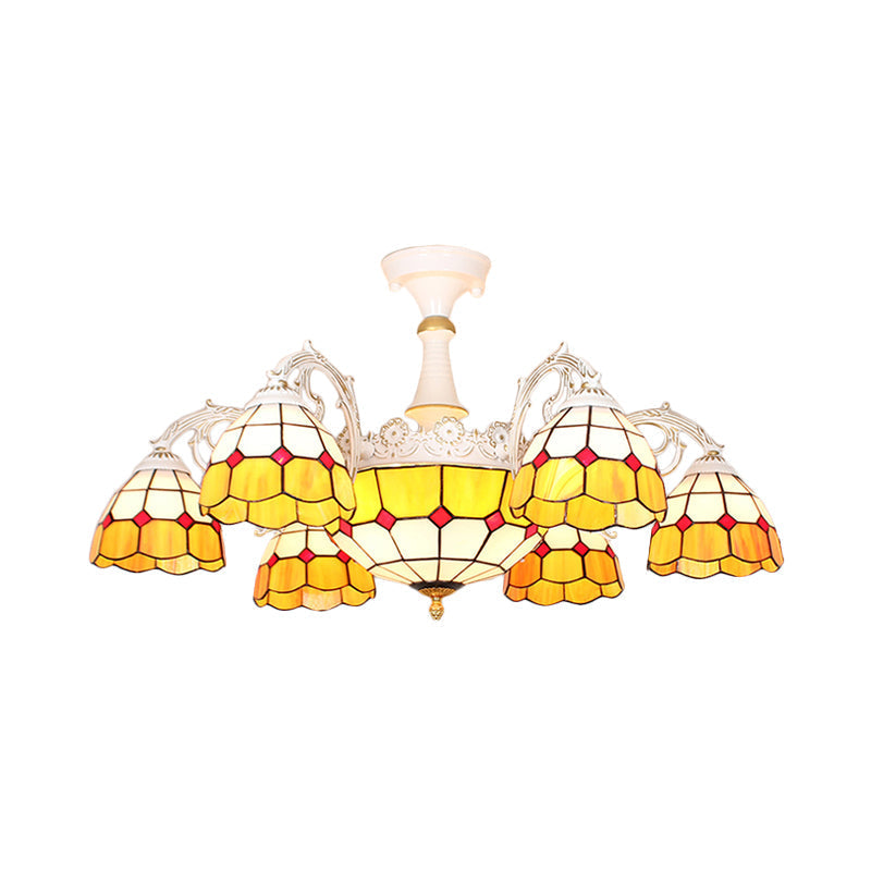 Plafonnier baroque semi-encastré - 9 lumières en verre taillé à motifs quadrillés bleu/orange/bleu clair