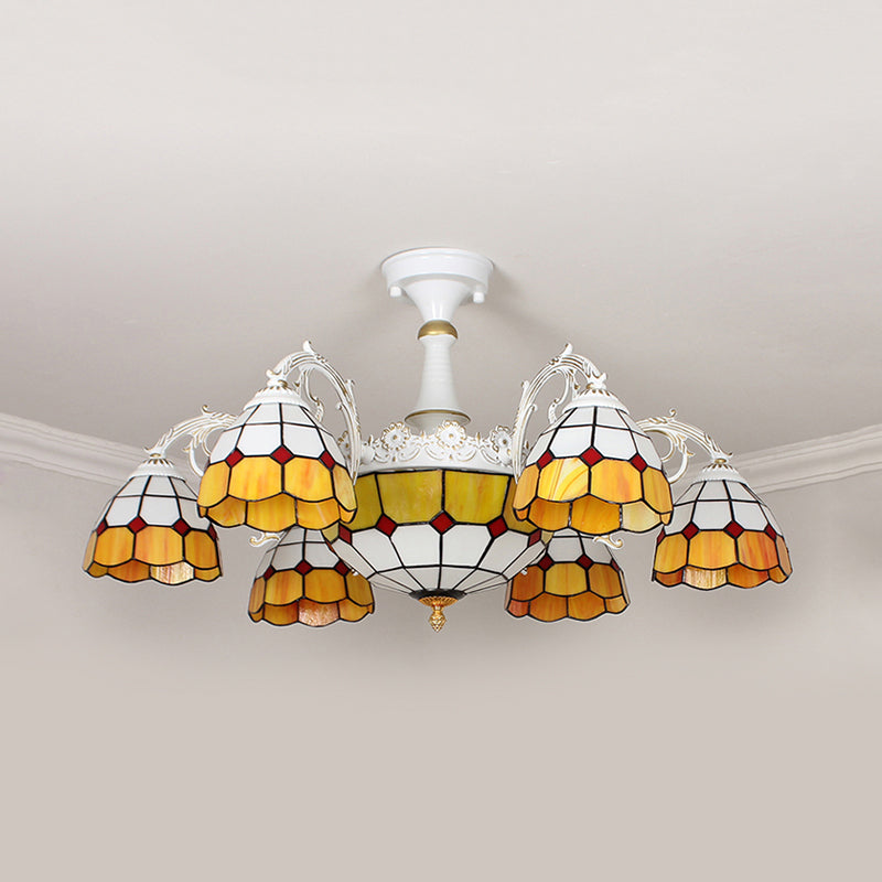 Plafonnier baroque semi-encastré - 9 lumières en verre taillé à motifs quadrillés bleu/orange/bleu clair
